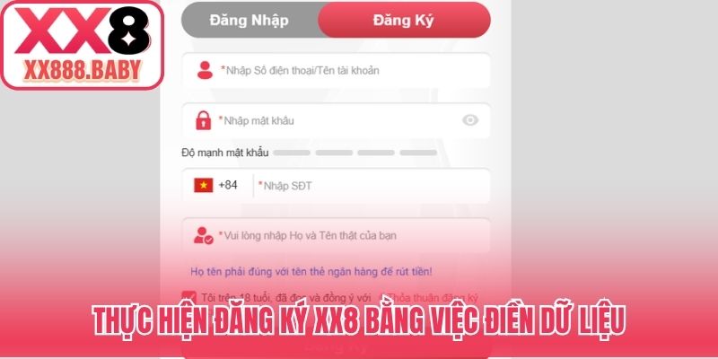 Thực hiện đăng ký XX8 bằng việc điền dữ liệu